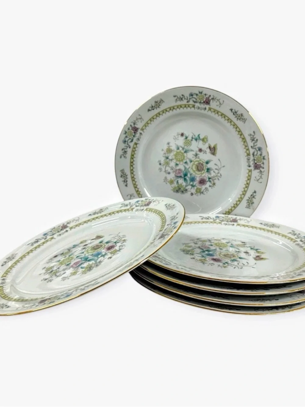 Baum Bros Ming Floral Set of 6 Dinner Plates 10.5” Fine China Gold Trim
